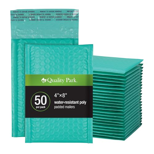 Image of Quality Park Bubble Mailers, 4 x 8 Shipping Envelopes, Self-Seal, Small Teal Padded Envelopes, Redi-Strip Peel Off Closure, 50 Per Box (QUA85915)