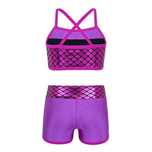 Image of easyforever Kids Girls 2PCS Shiny Mermaid Scales Ballet Dance Outfit Crop Top with Short Tankini Swimsuit
