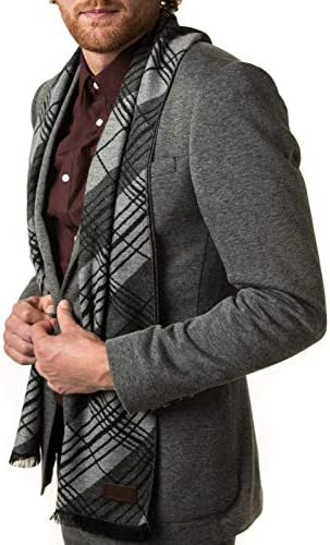 Marino’s Winter Cashmere Feel Men Scarf,100% Cotton Fashion Scarves, In Elegant Gift Box - Black Gray Diagonal Plaid - One Size