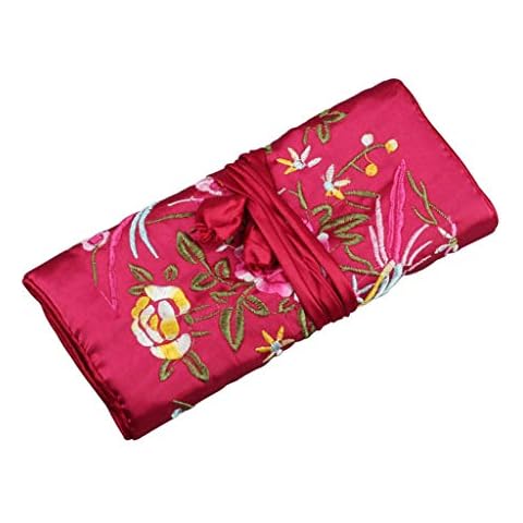 Haveratio Traditional Silk Travel Pouch Classic Chinese Embroidery Jewelry Bag Organizer Jewelry Pouch Roll Wrap Gift Bags Rose Red Cover