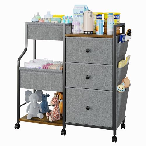 Image of Baby Diaper Caddy, 3 Tier Baby Organizer and Storage Cart with Dividers and Drawers, Mobile Utility Rolling Cart, Baby Newborn Essentials Storage Cart with Wheels for Nursery, Bedroom, Grey