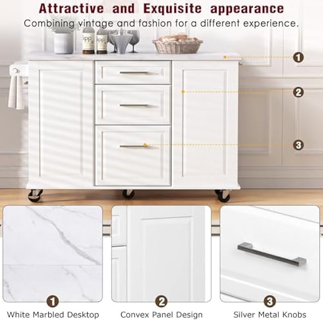 Kitchen Island with Tilt Trash Can Compartment Pull Out Double Tier Organizer Drop Leaf Design 2 Drawers 1 Cupboard Rolling Cart on 5 Wheels Lockable Brakes CARB Certified MDF Construction (White)-Dsn7U8Yd