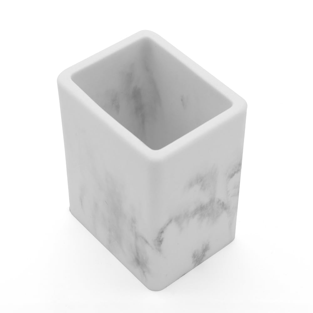 Set Accessori Bagno 2 Pezzi Con Dispenser Sapone Liquido E Bicchiere Porta Spazzolini In Poliresina Effetto Marmo Bianco Della Linea Marmo