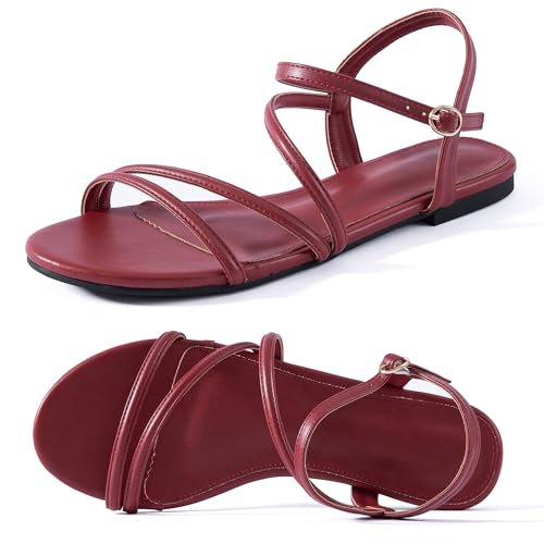 Image of Mtzyoa Women Flat Sandals Dressy Strappy Gladiator Summer Ankle Strap Nude Open Toe Comfortable Wedding Casual Leather Ladies Party Trendy Vacation