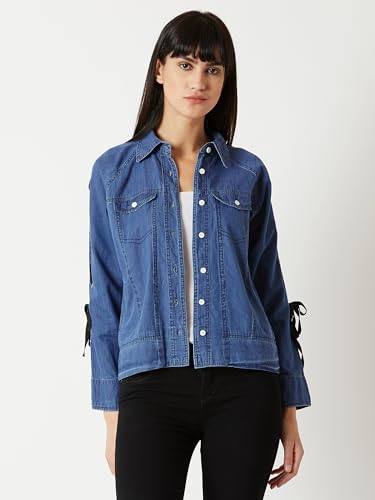Image of Miss Chase Women's Polo Neck Full Sleeves Patch Pocket Denim Overcoat Knee-Length Jacket
