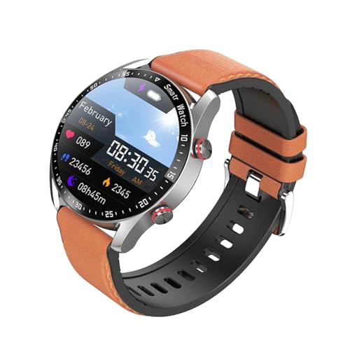 Tangxi Reloj Inteligente, Pantalla HD de 1,52 Pulgadas, Rastreador de Ejercicios con Monitor de Salud de Llamadas BT, Más de 100 Modos Deportivos IP67 a Prueba de Agua para Hombres y (Cuero marrón)