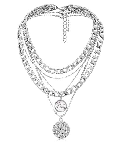 MJartoria Gold Layered Necklaces for Women Trendy Retro Coin Pendant Necklace Dainty Chunky Chain Choker Necklaces for Jewelry Birthday Gifts (Silver Zodiac-Virgo-3PCS Layered)