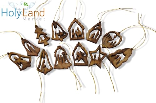 Holy Land Market Olive Wood Ornaments - Set of 12 Flat Christmas Decorations with Nativity Story Booklet, Inspirational Hand Carved Christmas Decor, Christian Christmas Ornaments from Bethlehem