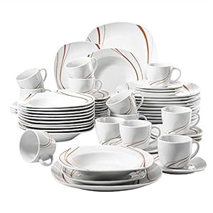VEWEET ‘Bonnie’ 60-delige dinerset ivoor wit bruin lijnen porselein combinatiesets met 12-delige dessertborden 12-delige soepborden12-delige dinerborden 12-delige beker en 12-delige schotelset
