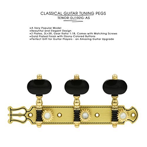 DJ102G-AS TENOR Classical Guitar Tuners Professional Tuning Key Pegs/Machine Heads for Classical or Flamenco Guitar with Gold Finish and Black Buttons.