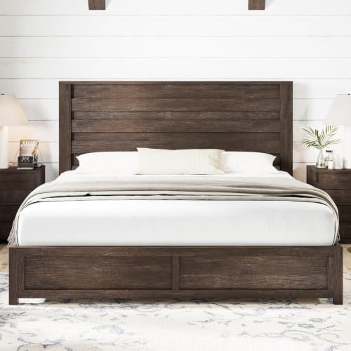Image of AMERLIFE Farmhouse King Bed Frame with 49 inch Fluted Headboard | Grey Wood Platform Bed, Natural Grain Finish, Noise-Free Frame, No Box Spring Required, 1000 lbs Support