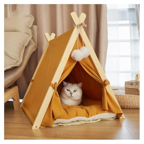 Solid Wood Cat Indoor Tent with Thick Mat Portable Dog House Dog Teepee Tent Cute Cat Teepee Cave Cat Bed Dog Bed (Orange)