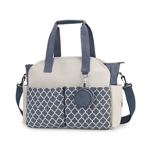 Lmbabter Diaper Bag Tote with Changing Station Upgrade Multi-Function Baby Bag with Adjustable Shoulder Strap (Blue&Beige)