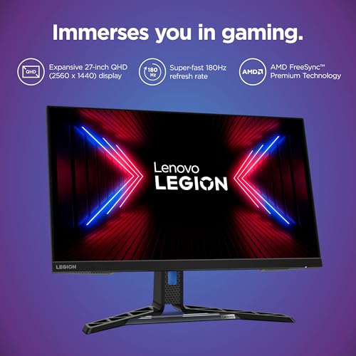 Image of Lenovo Legion R27q-30 Gaming Monitor, 27 inch QHD Display, 180Hz, 0.5ms Response, AMD FreeSync Premium, Lift /Tilt /Pivot /Swivel Stand, HDMI 2.1 and DisplayPort 1.4, 350 nits, Raven Black