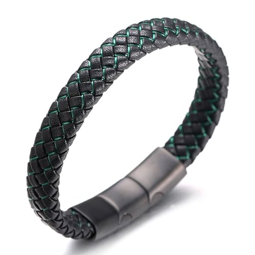 HALUKAKAH Plus ● Jazz ● Men's Genuine Leather Handmade Braid Black Mix Green Bracelet Titanium Magnetic Frosted Clasp Size Adjustable 21.5-23cm with Free Giftbox
