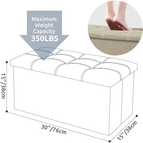 Image of JUGTE Folding Storage Ottoman, Long Sofa Bench, Fabric Linen Footrest Stool for Makeup Cosmetic Laundry, Toys Storage Organizer Bin Box with Lidded Cover (Beige)
