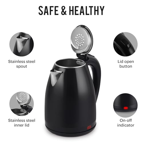 Image of Cello Pluto Quick Boil Stainless Steel Kettle 1350 Watts, 1.5 Litre Black | 304 Inner Stainless Steel, Double Wall, Cool Touch Outer Body, On-Off Indicator |Ideal For Boiling Water, Making Tea, Coffee