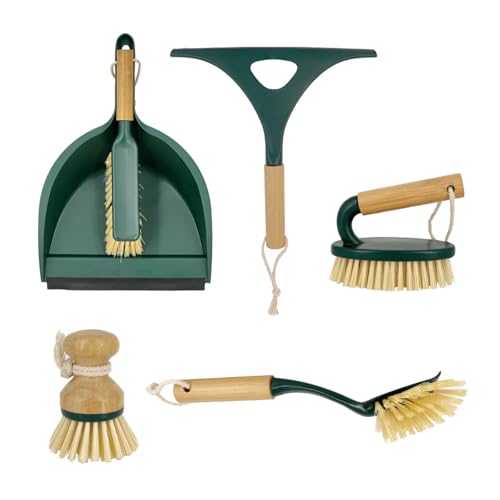 Pine-Sol Scrub Brush Cleaning Tool Set - Heavy Duty Brushes with Bamboo Handles, Dustpan, Shower Squeegee - Dishwashing, Kitchen, and Bathroom Cleaning Supplies, 6 Pieces