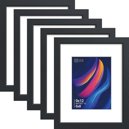 Image of VCK 9x12 Frame 5 Pack, Black Wood, 6x8 Mat, Glass, for Picture Photo