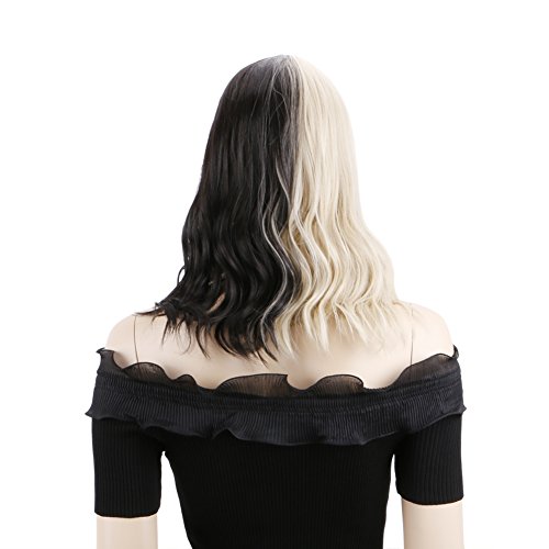 Becus Two Tone Black/Blonde Wig With Bangs 16Inches Heat Resistant Synthetic Shoulder Length Curly Wigs For Cruella Women(Free Wig Cap) #TOP4