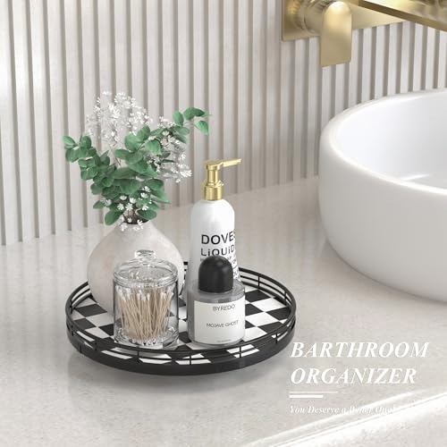 Image of Black and White Kitchen Lazy Susan Turntable - Checkered Round Decorative Tray, 10 inch Table Top Oak Wood Lazy Susan for Cookies, Dining Table Organizer, Small Kitchen Table Centerpiece