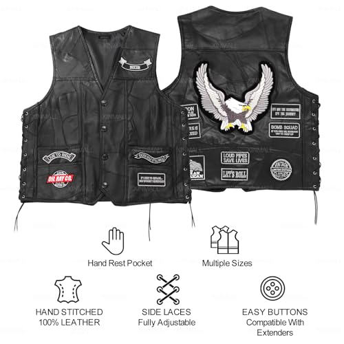 Motorcycle Genuine Leather Biker Vest for Men Club Style Classic Black With Patches4