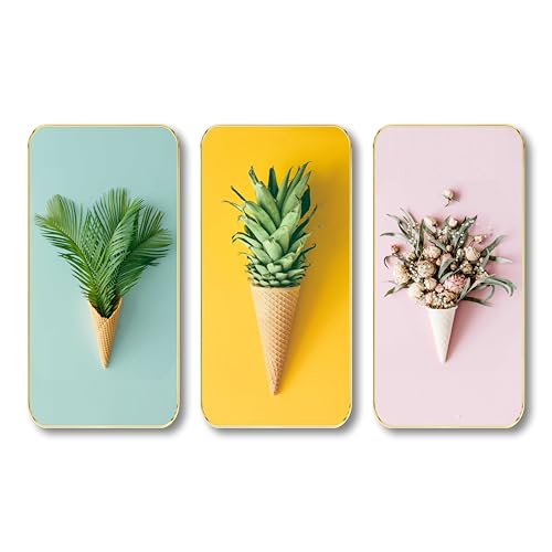 Image of SAF Ice Cream Cone Botanical Wall Painting - 3 Panel Modern Art with Plants, Pineapple & Flowers | Colorful MDF Board Wall Decor with Golden Frame for Living Room & Bedroom (20 X 35 Inch) SG-53