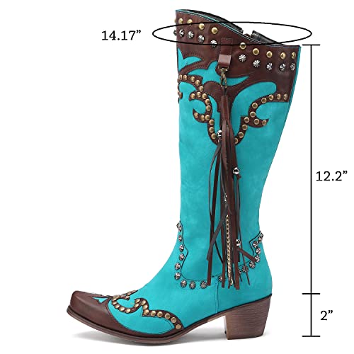 Image of YIYA Women's Star Cowboy Boots Black and White Cowgirl Boots with White Stars Pointed Toe Chunky Low Heel Pull-On Wide Calf Western Embroidered Boots