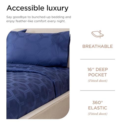 Image of Threadmill 100% Cotton Sheets for Full Size Bed - 600 Thread Count Full Bed Sheets Set with 16 inch Deep Pocket - Jacquard Sateen Weave 4-Piece Bedding Set with Cooling Effect, Folkstone Blue