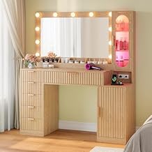 BTHFST Fluted Makeup Vanity Desk with Large 31.5" Mirror and Lights, 46.1" Wood Vanity with Charging Station & RGB Lights, Dressing Table with 6 Drawers & Cabinet & Shelves, Oak