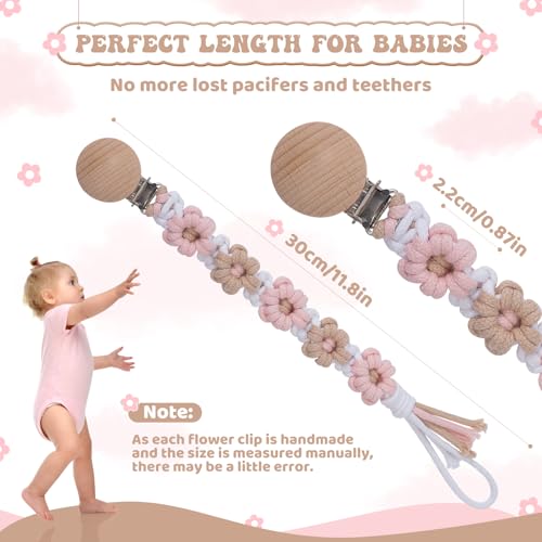 Image of Pacifier Clip for Boys Girls Floral Daisy Macrame Baby Paci Clip Pacifier Holder Leash Boho Wooden Clips Handmade Braided Cotton Binky Clips (1pack:Khaki Style A)