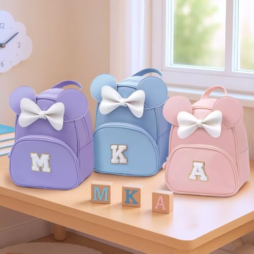 Image of Birthday Gifts for 6 7 8 9 10 Year Old Girls Kids Toddler, School Backpack for Teen Girl Kids, Backpack for Girls with Cute Bow, Initial Blue E