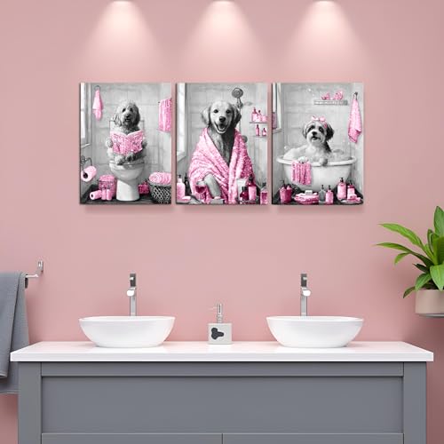 Image of sechars Funny Dogs Bathroom Wall Art Grey and Pink Bath Decor Cute Animal Painting Canvas Print (Pink)