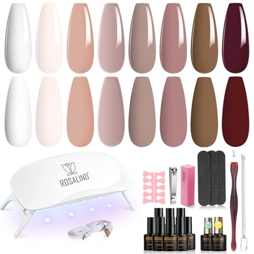 ROSALIND Kit Uñas Semipermanentes con UV LED Lámpara, Mini 8+2 PCS Esmaltes Semipermanentes Kit 8 Colores Blanco Nude Marrón, Soak off Pintauñas Gel Set de Inicio