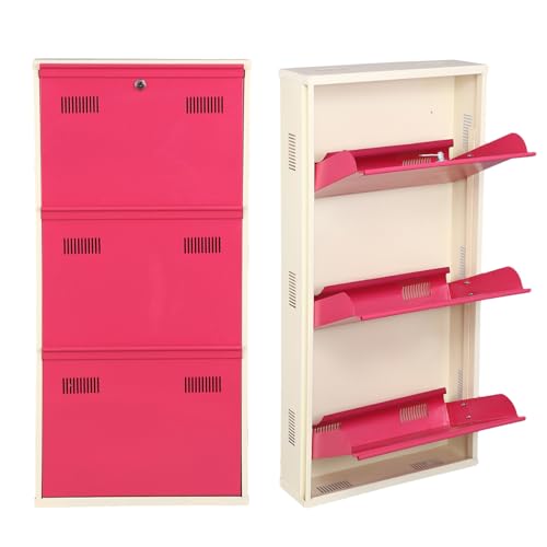 Image of Metal Shoe Rack Wall Mounted for Home with Central Locking 3 Door 20 inch Wall Mounted Metal 6 Pair Shoe Rack Cabinet Pre-Assembled Rack Shelves 3 Year Warranty (Pink & Ivory)