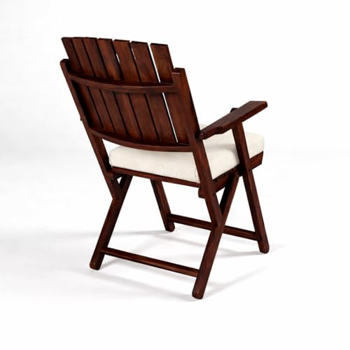 Image of WELL KNOWN Wooden Folding Chair with Cream Cushion Seat, Armrest & Back Support | Solid Wood Indoor /Outdoor Patio Chair | Compact, Durable & Easy to Store | Walnut Finish