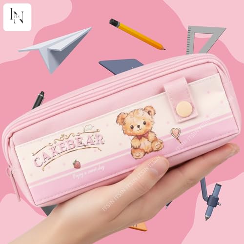 Image of Large Capacity Pencil Pouch Aesthetic Pencil Bag Multiple Compartments Girl Cute Stationery School College Pouch Travel Pouch for Girls Kids School Accessories (Pink Cakebear)