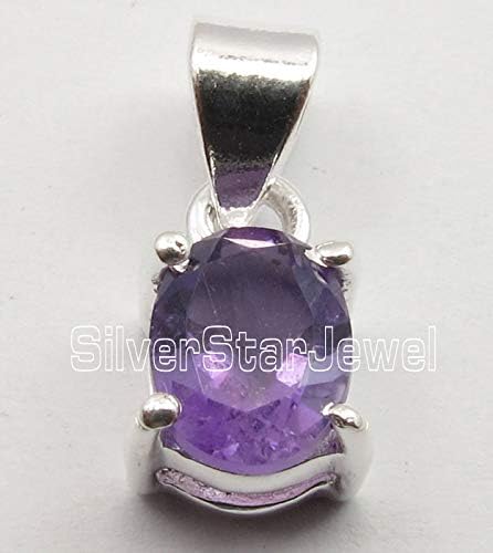 Amethyst Prong Setting Pendant 0.7" 925 Solid Silver Handcrafted Gift