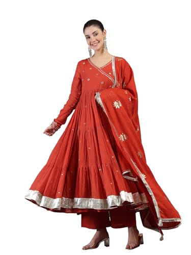 Image of Gulmohar Jaipur Women's Malmal Solid Angrakha Neck Anarkali Kurta Suit Set