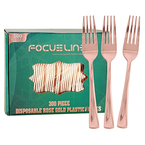 FOCUSLINE 300 Pack Disposable Rose Gold Plastic Forks Solid and Durable Plastic Cutlery Forks Heavy Duty Disposable Utensil Silverware for Catering Parties Dinners Weddings