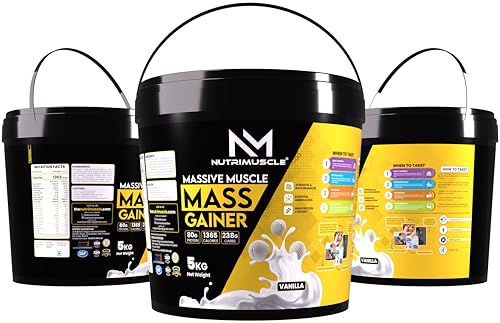 Image of Nutrimuscle Massive Muscle Mass Gainer Supplement Powder - 5kg | Vanilla Flavour | With Creatine, Complex Carbs & Protein | For Muscle, Mass & Strength Gain | Men & Women