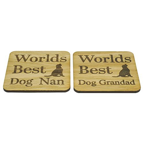 SHG at Home Worlds Best Dog Nan And Dog Grandad Coaster Set. Twin Pack Oak Veneer Coasters. Great Gift for Doggy Grandparents. Lovely size at 9.8cm x 9.8cm Drinks Mat. Laser Engraved finish.