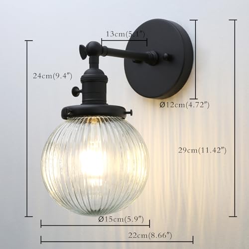 Image of PERMO Vintage Industrial Wall Sconce Matte Black Single Wall Sconces with 5.9 inch Round Clear Globe Ribbed Glass Shade Hardwired Wall Light for Bedroom Livingroom Office