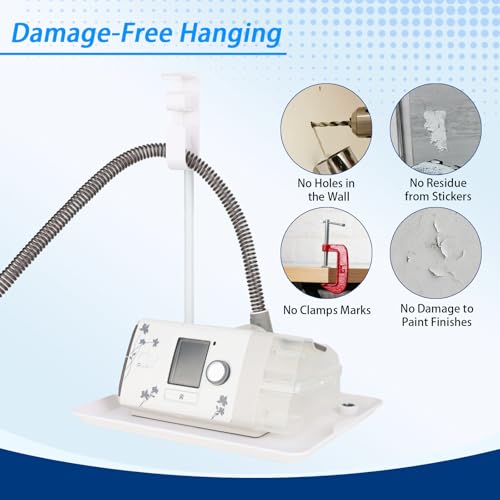 Image of Bedside Retractable CPAP Hose Holder - (Wall-Damage-Free) White Adjustable Height Hook for Hanging Mask & Tubing to Keep CPAP Supplies Tidy & Boosts Sleep Quality
