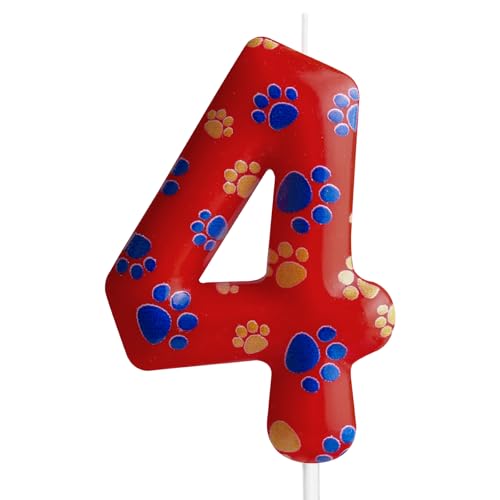 Vela rojo con diseño de garra de perro, vela rojo número 4 para pastel, velas para cupcakes para decoración de cumpleaños de niño y niña