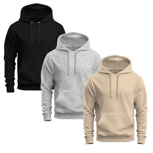 Kit 3 Moletons Liso Basico Blusa De Frio Canguru Confortavel Inverno Preto+Cinza+Bege G