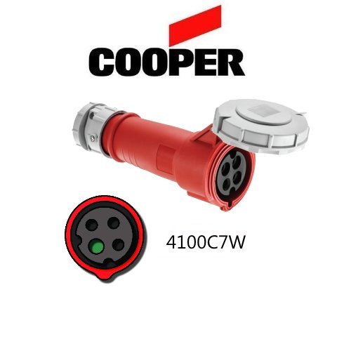 IEC 309 4100C7W Connector, 100A, 480V, 3 Pole, 4 Wire, 3-Phase, Watertight, Red - Cooper # AH4100C7W