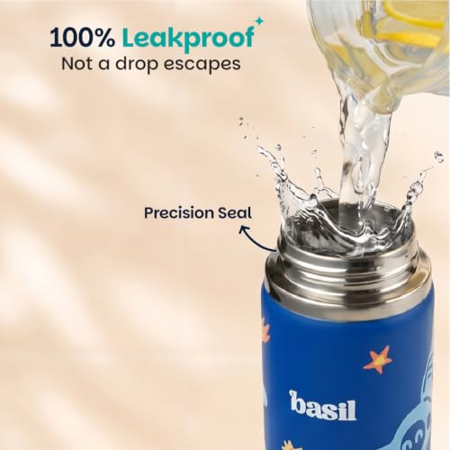 Image of Basil HydraPop Stainless Steel Insulated Kids Water Bottle for School, 600ml Leakproof Sipper Bottle with, Double Wall Vacuum Thermosteel Bottle for Sports, Travel & Outdoor Use | Super Swoosh
