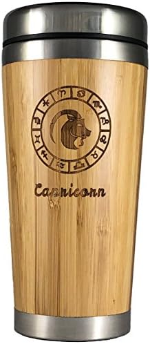 The Zodiac Mug | Premium insulated travel mug for Coffee & Tea | Natural bamboo and Stainless Steel | 15.2 oz.(450ml) | Spill Proof Lid | Slip resilient base | Wooden engraving (Capricorn)