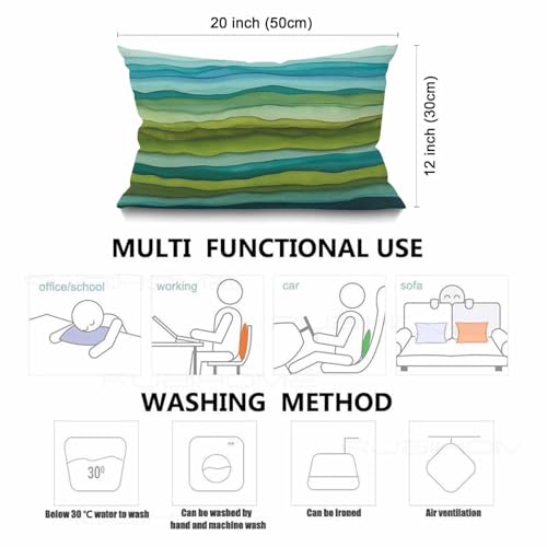 Image of Smooffly Watercolor Throw Pillow Cover,Stripped Waves Blue and Green Paint Brush Gradient Marine Sea Splash Cotton Linen Throw Pillow case Cushion Cover for Sofa Home Decorative Oblong 12x20 Inches